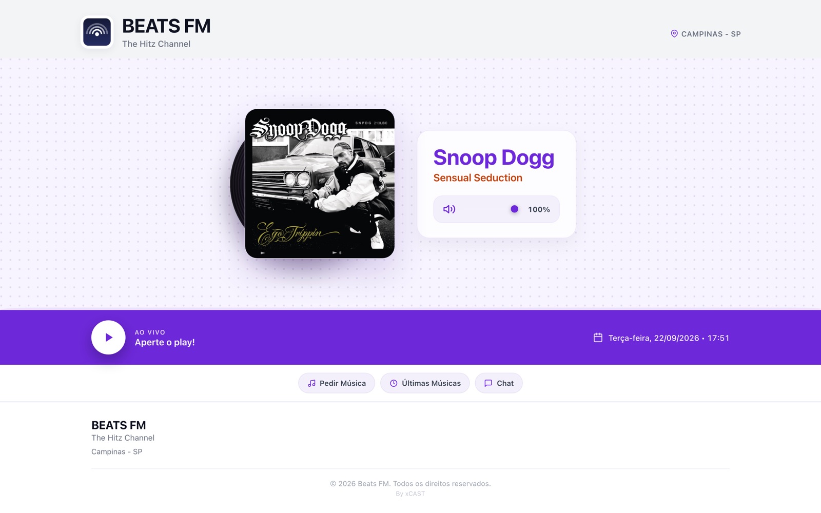 Página da rádio no modelo FM, no computador