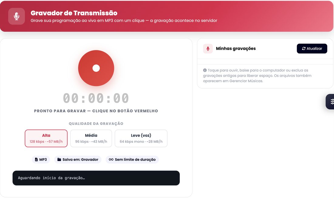 Gravador de transmissão do xCAST com a escolha da qualidade da gravação