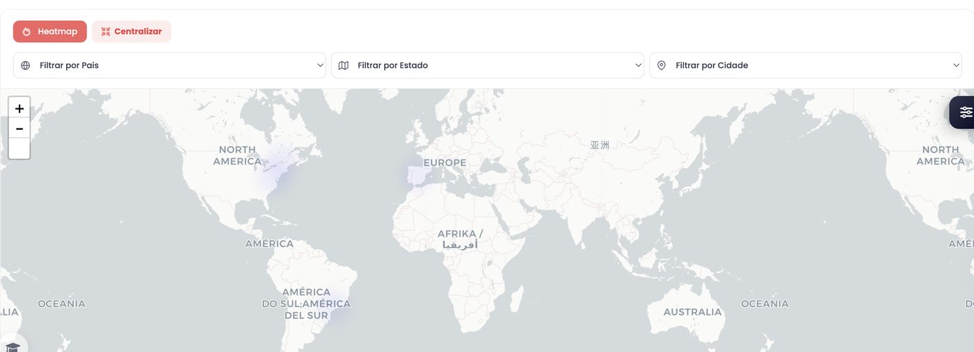 Mapa de ouvintes do painel xCAST com heatmap e filtros por país, estado e cidade