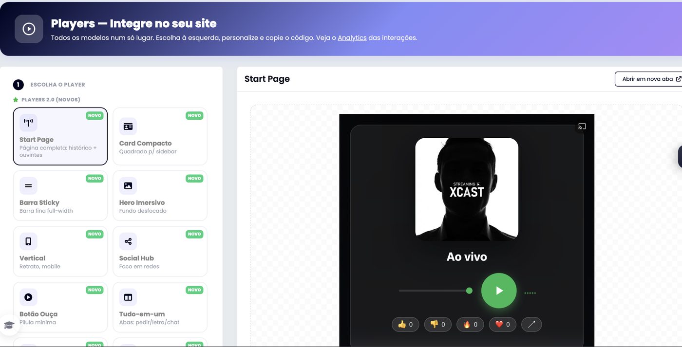 Galeria de players do xCAST com recurso de transmitir para a TV
