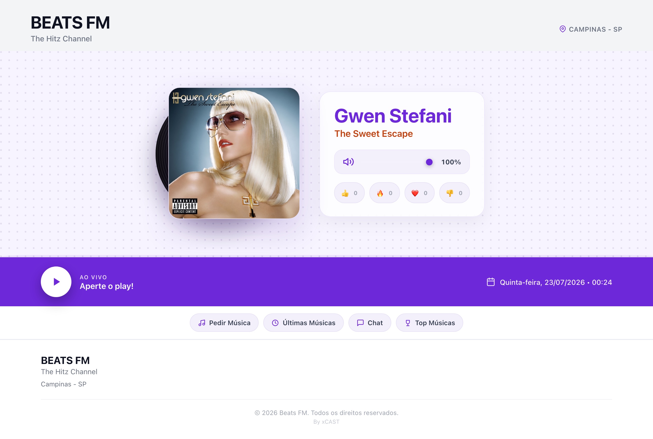 Exemplo da página pronta da rádio no modelo FM