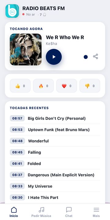Modelo Claro do app para rádio do xCAST, tela real da rádio de demonstração Beats FM