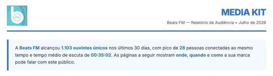 Media Kit em PDF gerado pelo painel xCAST: resumo com ouvintes únicos nos últimos 30 dias, pico de ouvintes ao mesmo tempo e tempo médio de escuta