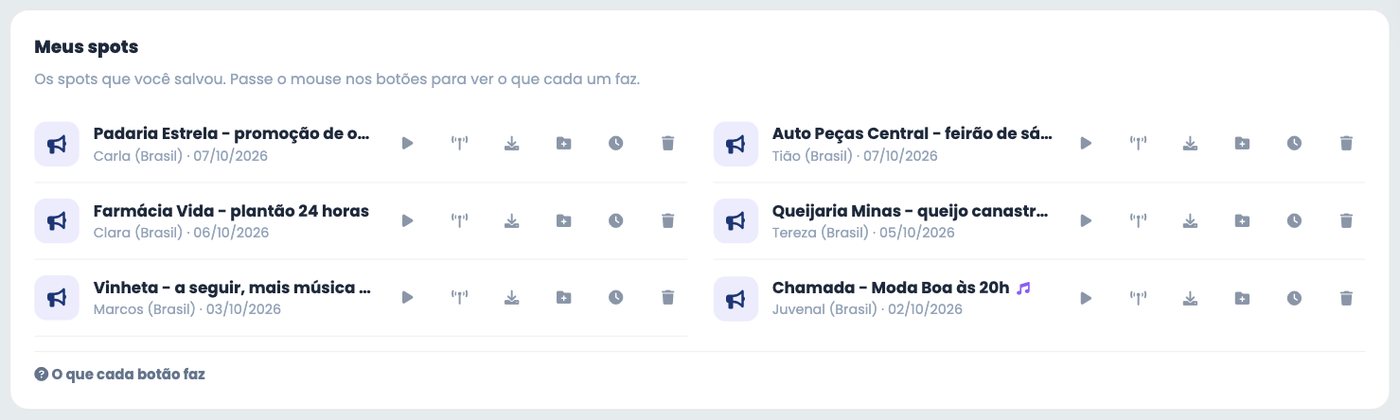 Biblioteca Meus spots da Fábrica de Spots com os spots salvos e os botões de cada um