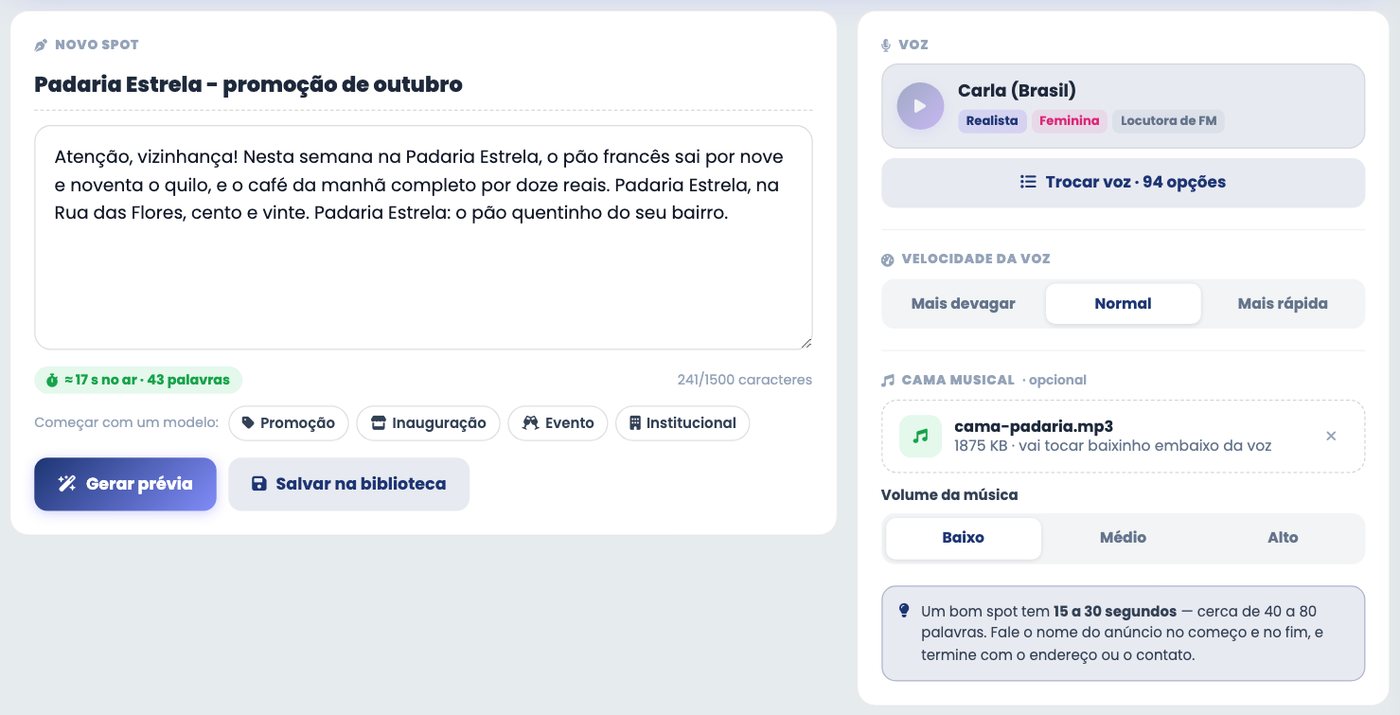 Tela Novo spot da Fábrica de Spots no painel xCAST, com o roteiro, a voz escolhida e a música de fundo