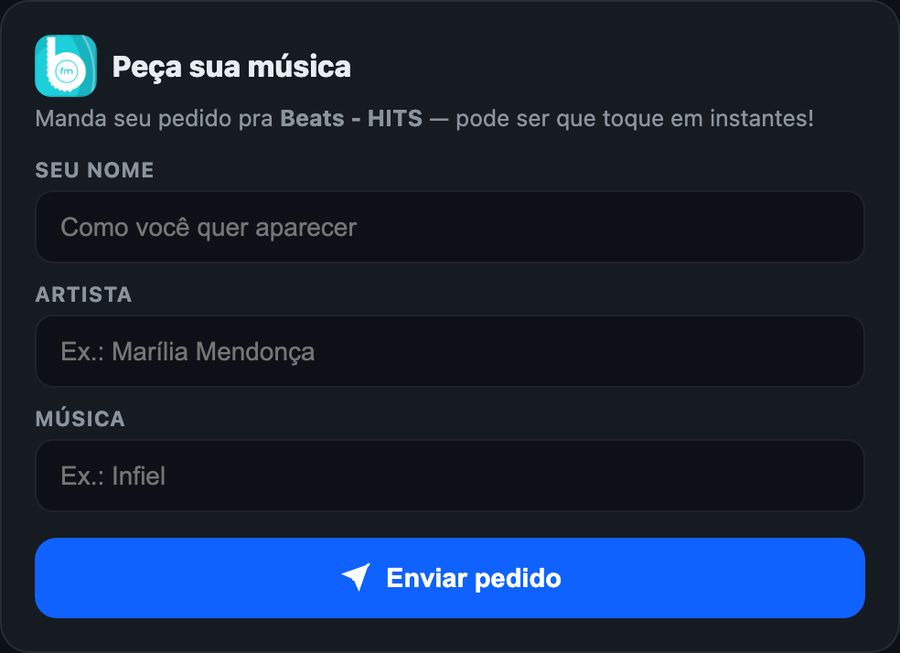 Formulário de pedidos de música da rádio de demonstração Beats FM, com os campos Seu nome, Artista e Música e o botão Enviar pedido