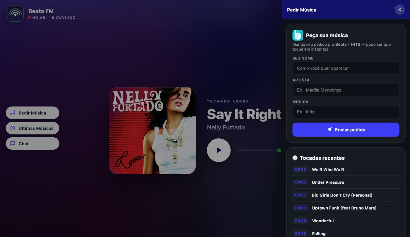 Página da rádio Beats FM com o formulário Pedir Música aberto ao lado do player