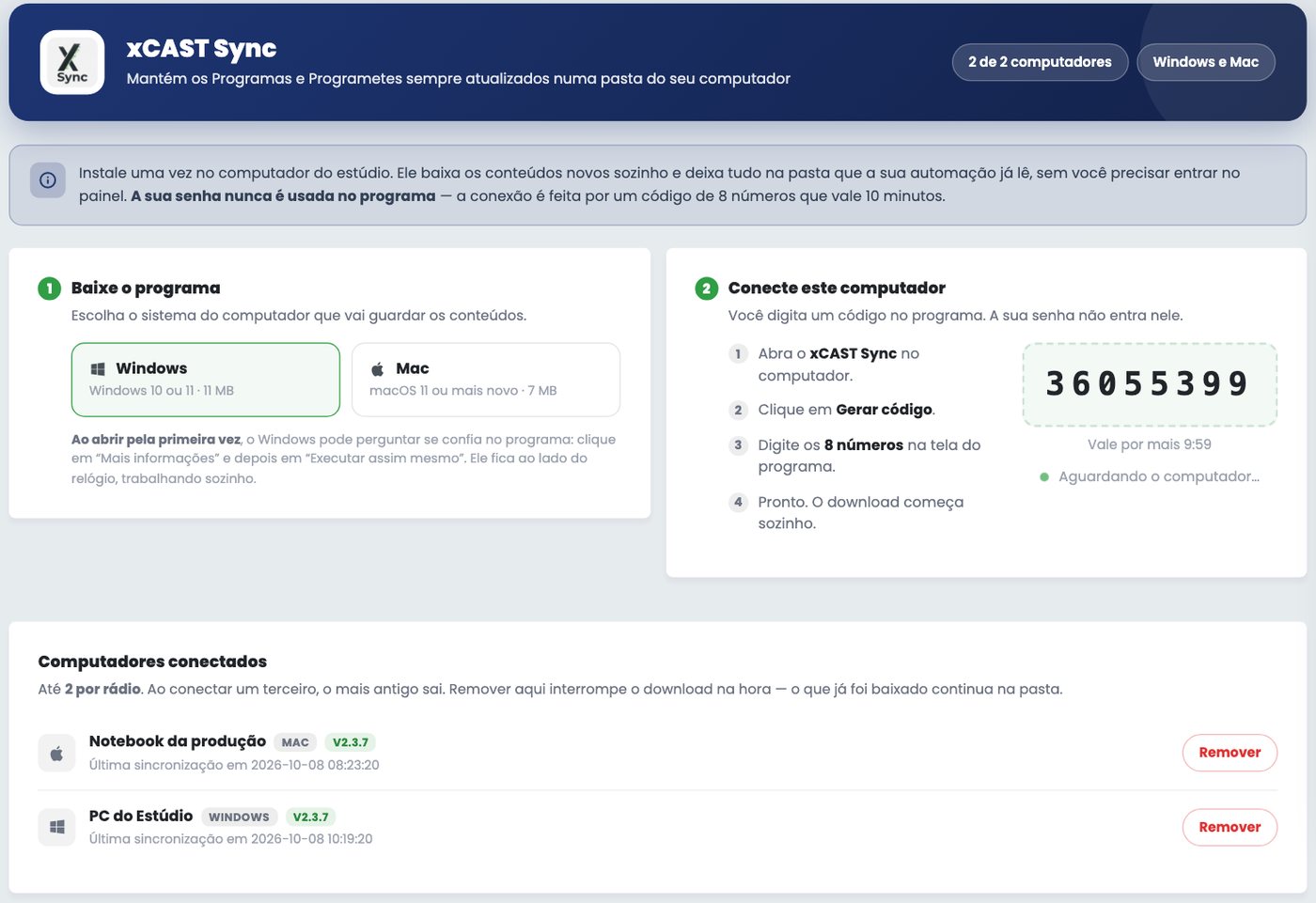 Página do xCAST Sync no painel xCAST com o código de conexão e os computadores conectados