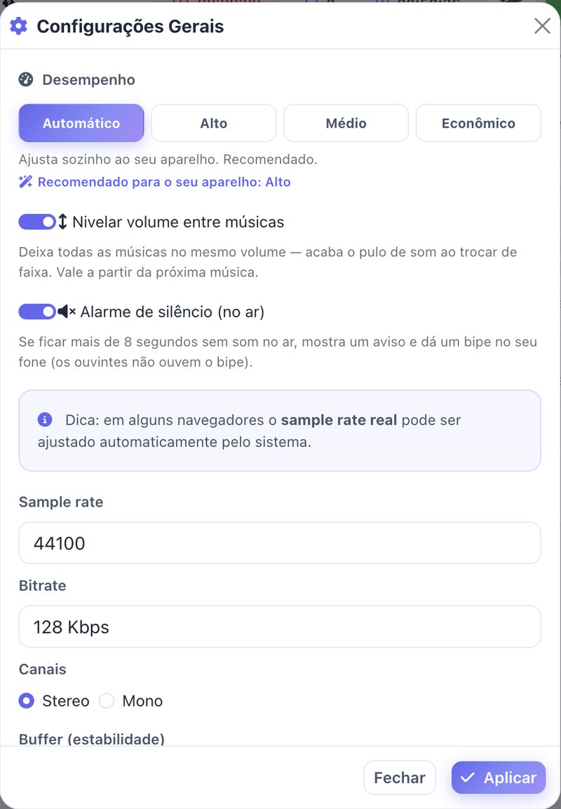 Modo de desempenho, alarme e nivelamento
